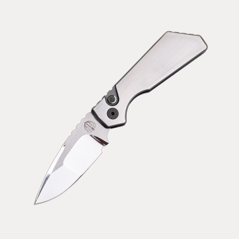 Pro-Tech Knives Strider PT+ Auto – 2023 Custom 005 – Hand Satin-Blasted Chamfers 17-4 Steel Chassis – Black Lip Pearl Button – Mike Irie Compound Ground Blade