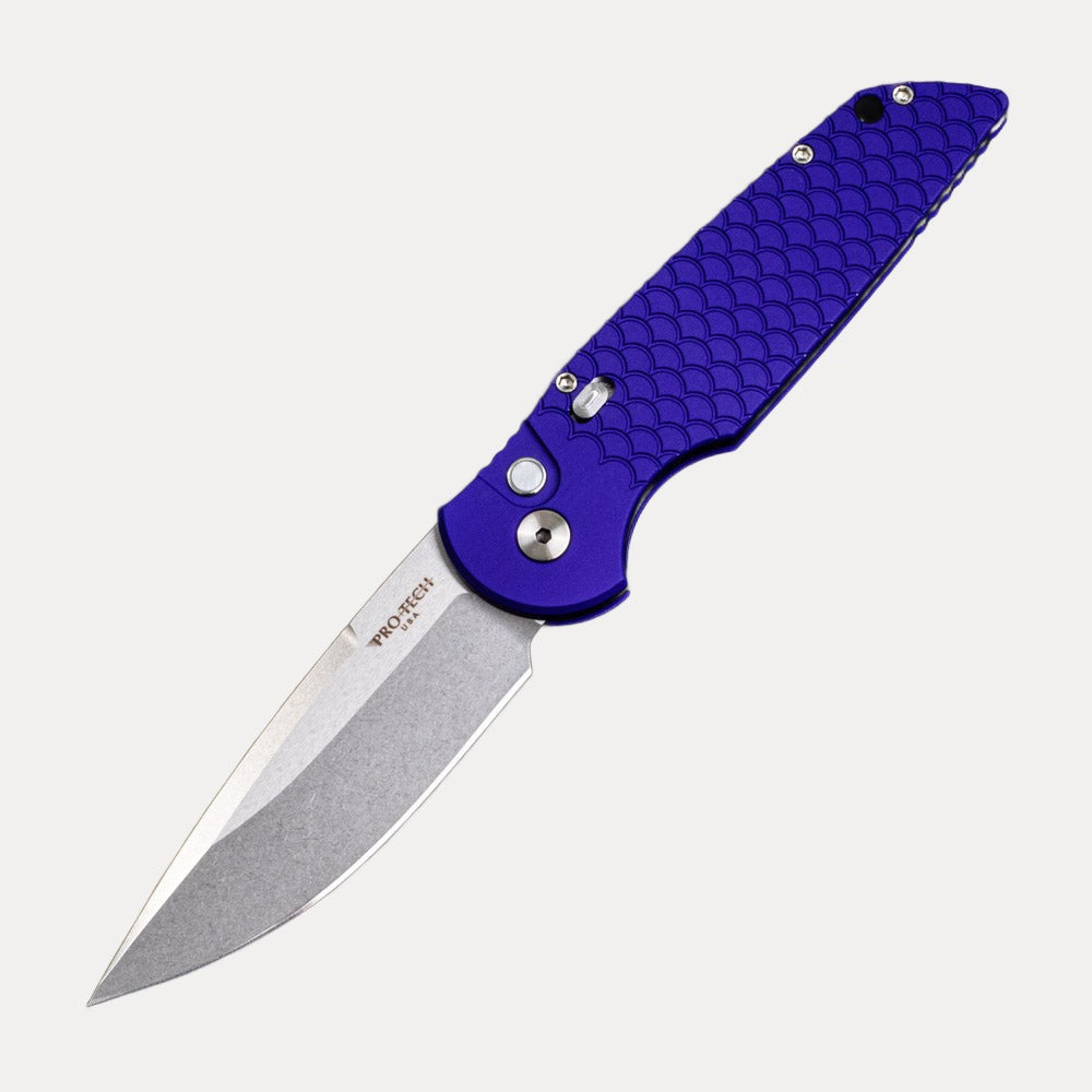 Pro-Tech Knives TR-3 X1 LTD PURPLE – Tactical Response 3 – Purple Aluminum Handle W- “Fish Scale” Pattern & Safety – Stonewash-Satin 154CM Blade