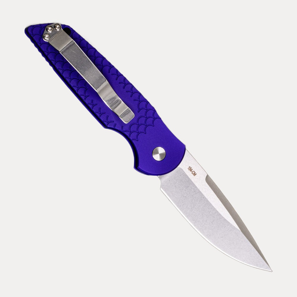 Pro-Tech Knives TR-3 X1 LTD PURPLE – Tactical Response 3 – Purple Aluminum Handle W- “Fish Scale” Pattern & Safety – Stonewash-Satin 154CM Blade