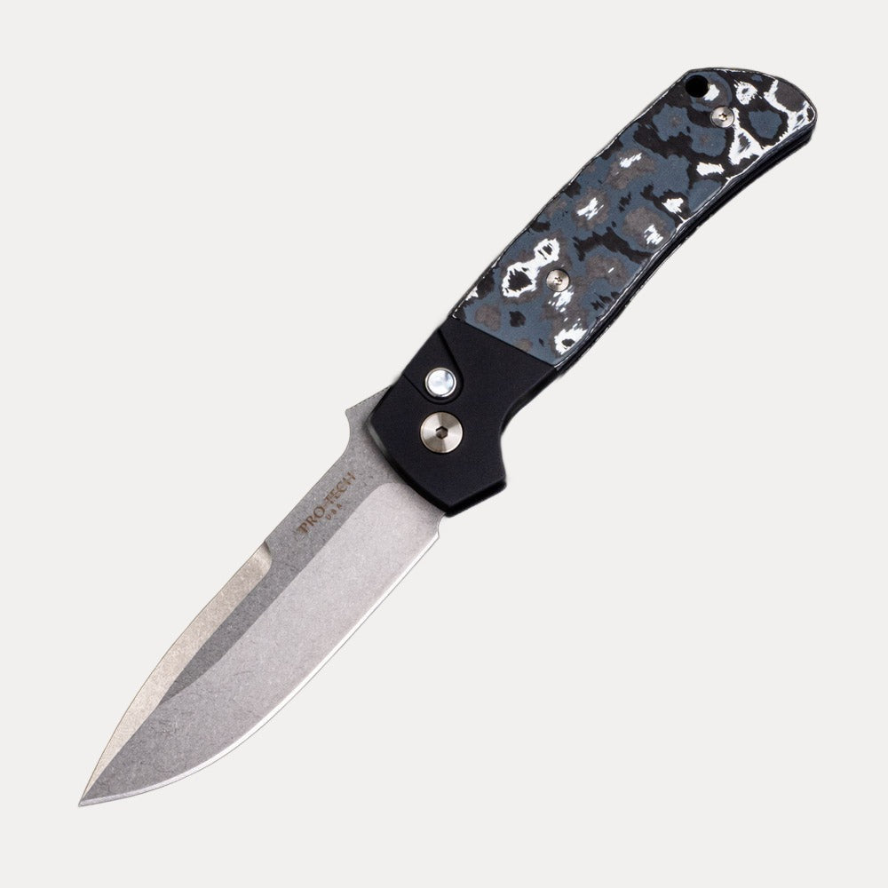 Pro-Tech Knives Terzuola ATCF Auto – Black Handle – MOP Button – “White Storm” Fat Carbon Inlays – Stonewash MagnaCut Blade