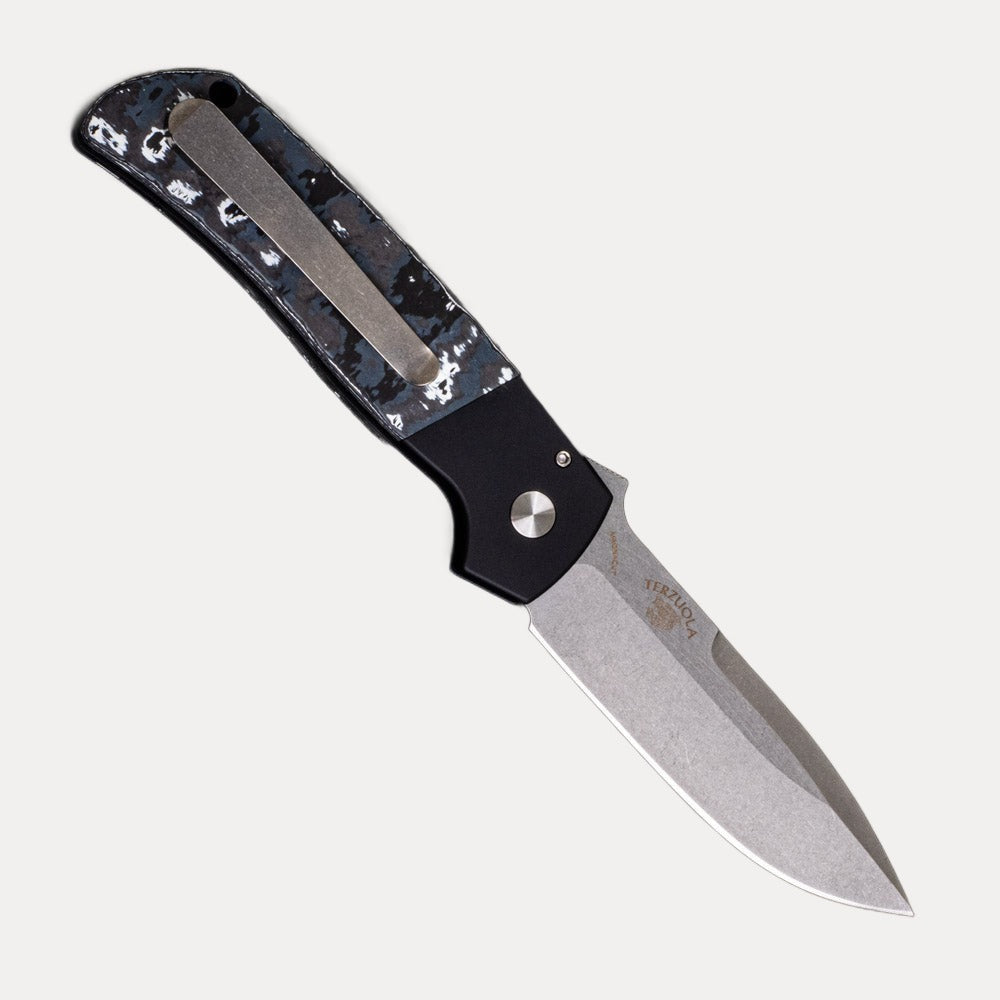 Pro-Tech Knives Terzuola ATCF Auto – Black Handle – MOP Button – “White Storm” Fat Carbon Inlays – Stonewash MagnaCut Blade