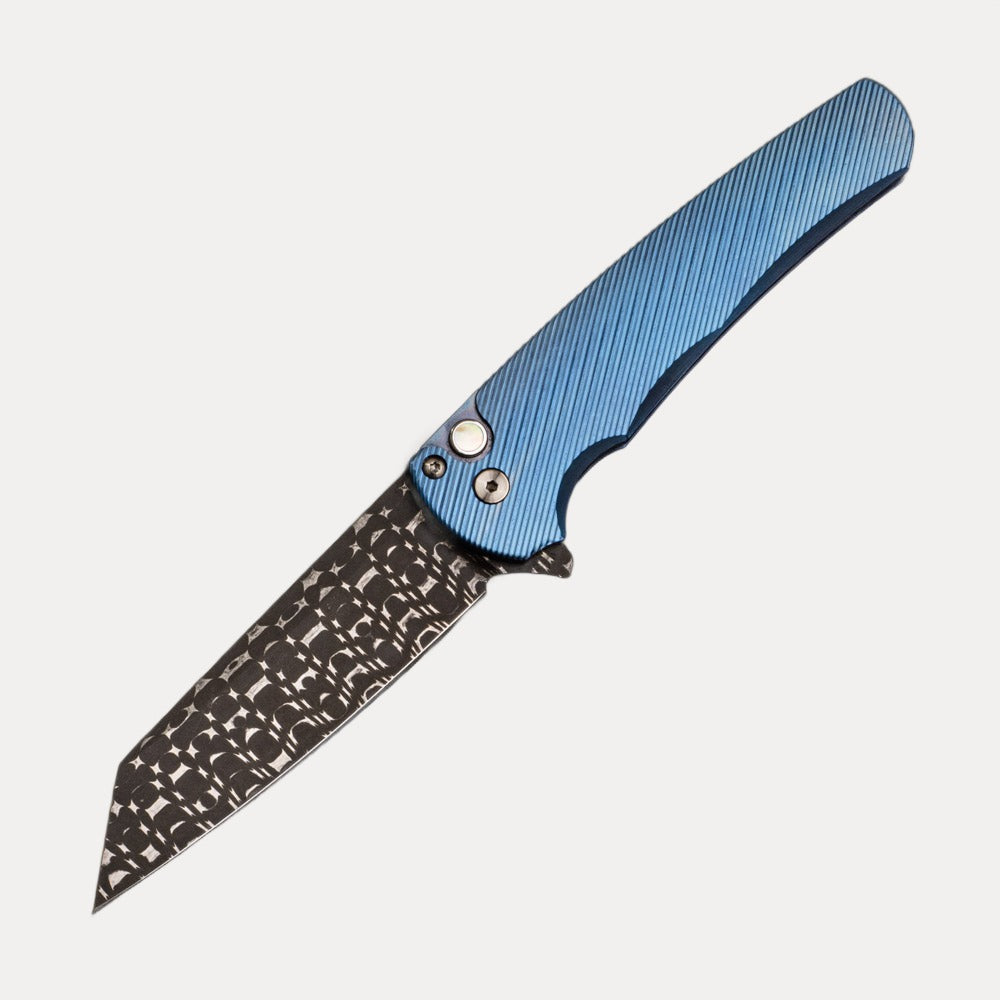 Pro-Tech Knives Malibu Flipper 2023.008 Ti Custom Blue Anodized Titanium Handle – Pearl Button – Vegas Forge “Razorwire” Pattern Reverse Tanto Blade