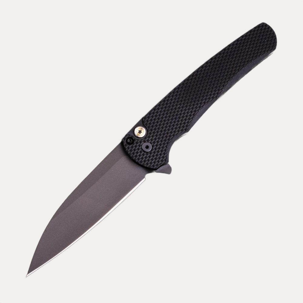 Pro-Tech Knives Malibu Flipper – Blade Show 2023 – Black Textured Handle – Mosaic Pin Button – DLC Black MagnaCut Wharncliffe Blade 5306