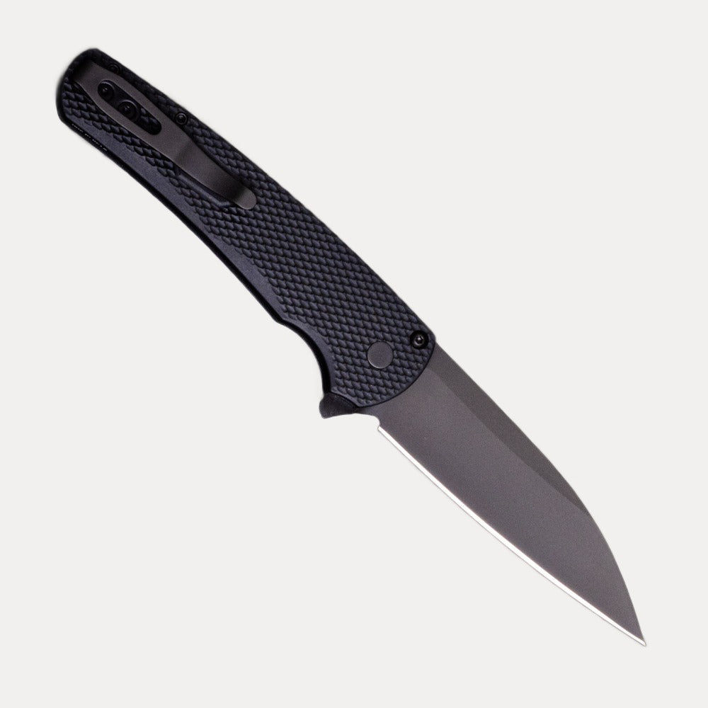 Pro-Tech Knives Malibu Flipper – Blade Show 2023 – Black Textured Handle – Mosaic Pin Button – DLC Black MagnaCut Wharncliffe Blade 5306