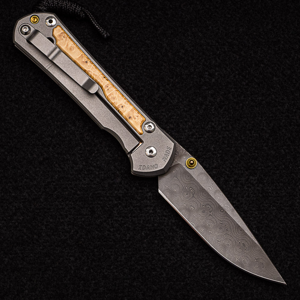 CHRIS REEVE LARGE SEBENZA 31 BOX ELDER BURL INLAY - RAINDROP BLADE - GOLD DOUBLE THUMB LUGS