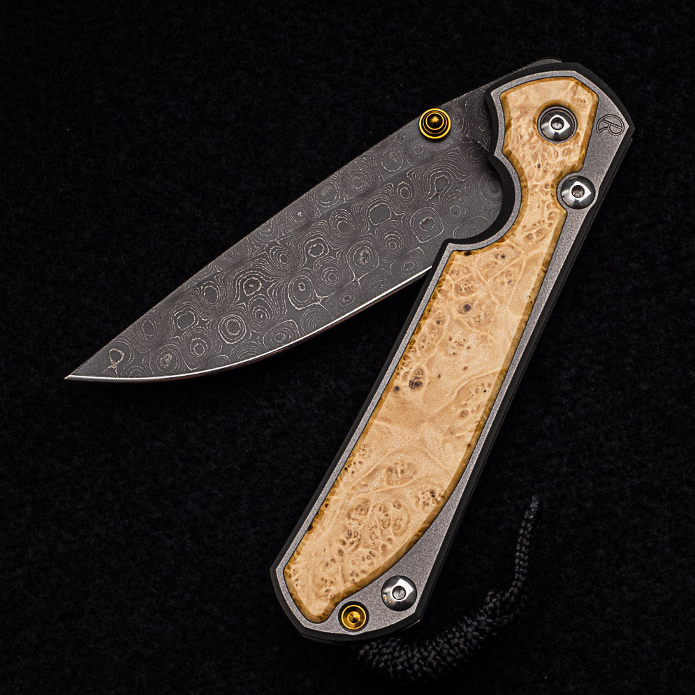 CHRIS REEVE LARGE SEBENZA 31 BOX ELDER BURL INLAY - RAINDROP BLADE - GOLD DOUBLE THUMB LUGS