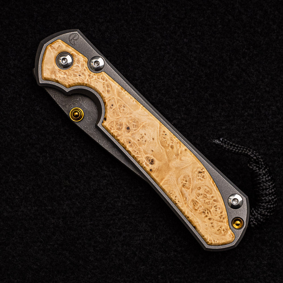 CHRIS REEVE LARGE SEBENZA 31 BOX ELDER BURL INLAY - RAINDROP BLADE - GOLD DOUBLE THUMB LUGS