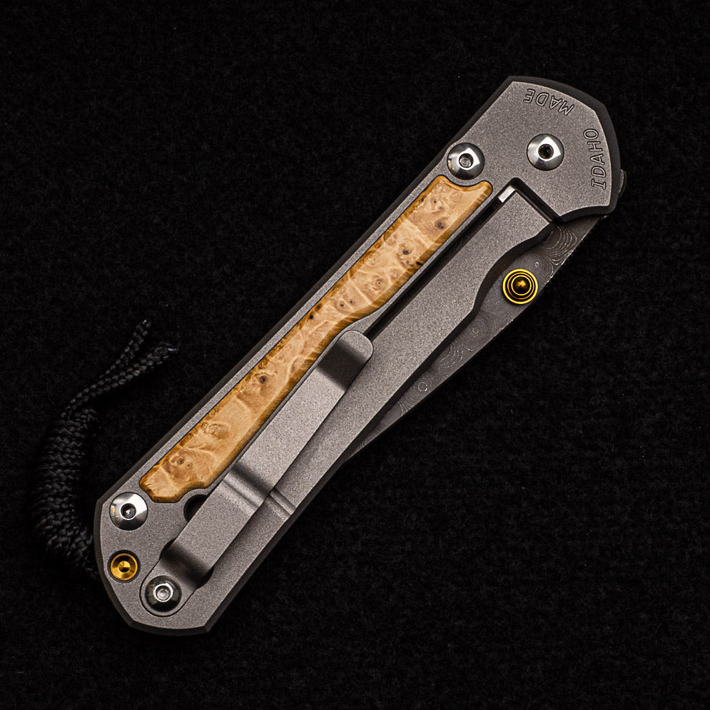 CHRIS REEVE LARGE SEBENZA 31 BOX ELDER BURL INLAY - RAINDROP BLADE - GOLD DOUBLE THUMB LUGS