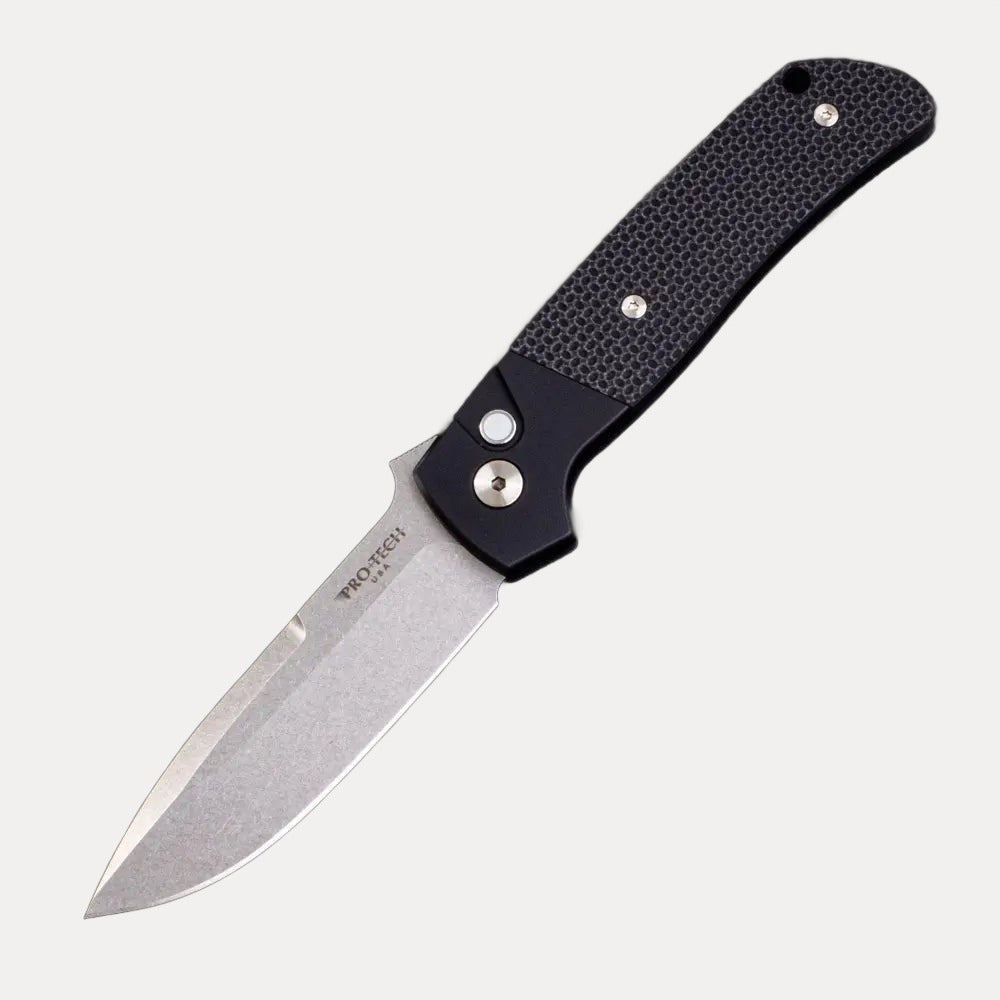 Pro-Tech Knives Terzuola ATCF Auto – Black Handle – Textured Black G10 Inlays – Pearl Button – Stonewash MagnaCut Blade