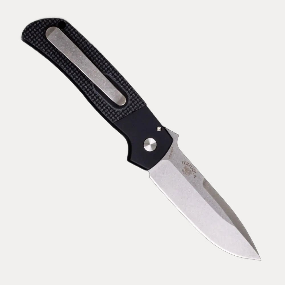 Pro-Tech Knives Terzuola ATCF Auto – Black Handle – Textured Black G10 Inlays – Pearl Button – Stonewash MagnaCut Blade