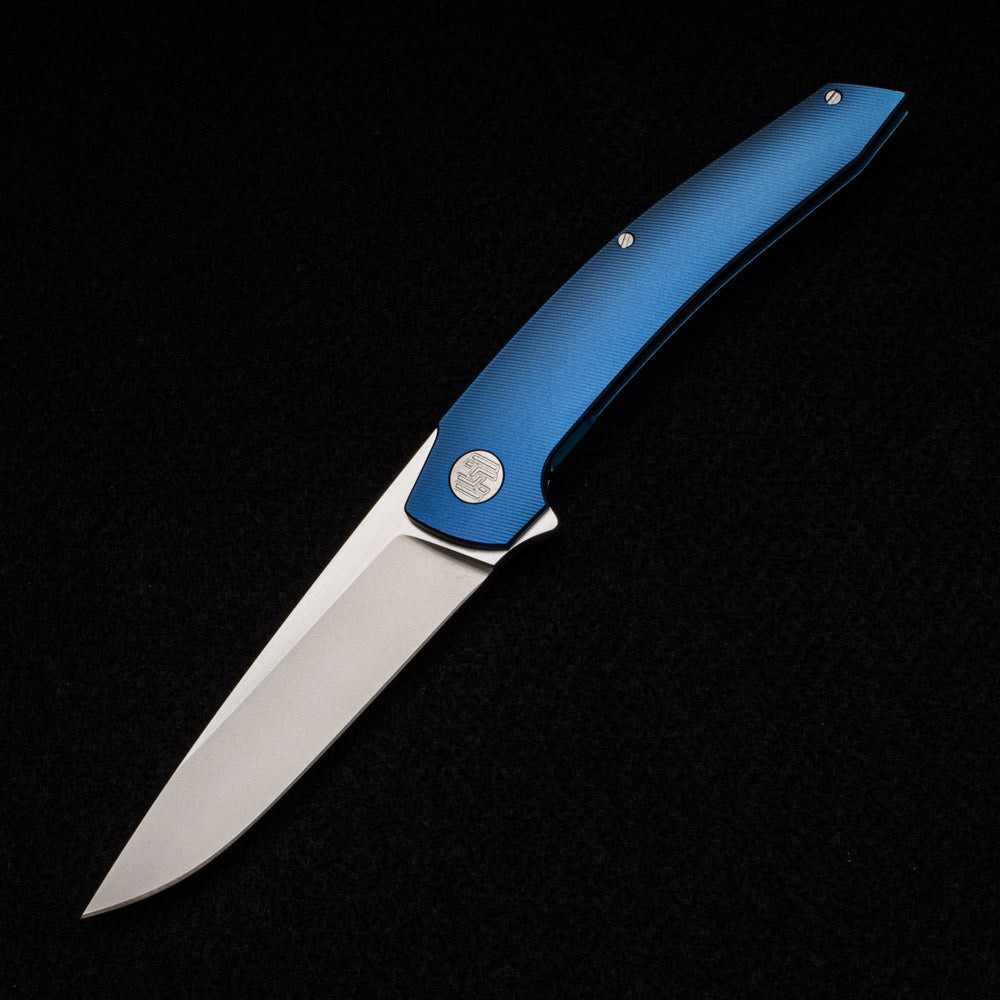 Hog House Knives Model T – RWL34 Blade W- Satin Flats – Blue Ti W- Silver