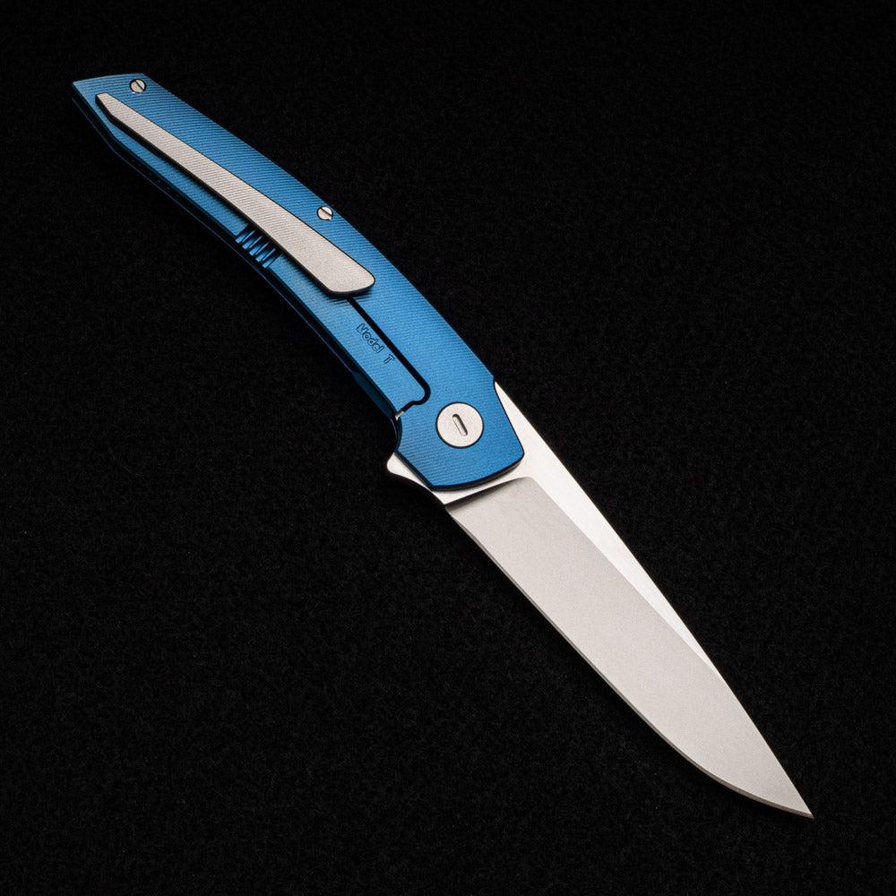 Hog House Knives Model T – RWL34 Blade W- Satin Flats – Blue Ti W- Silver