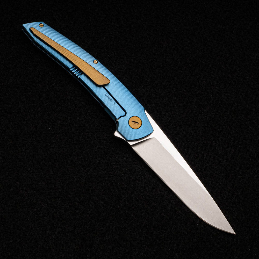 Hog House Knives Model T – RWL-34 BLADE W- SATIN FLATS – BLUE TI W- BRONZE