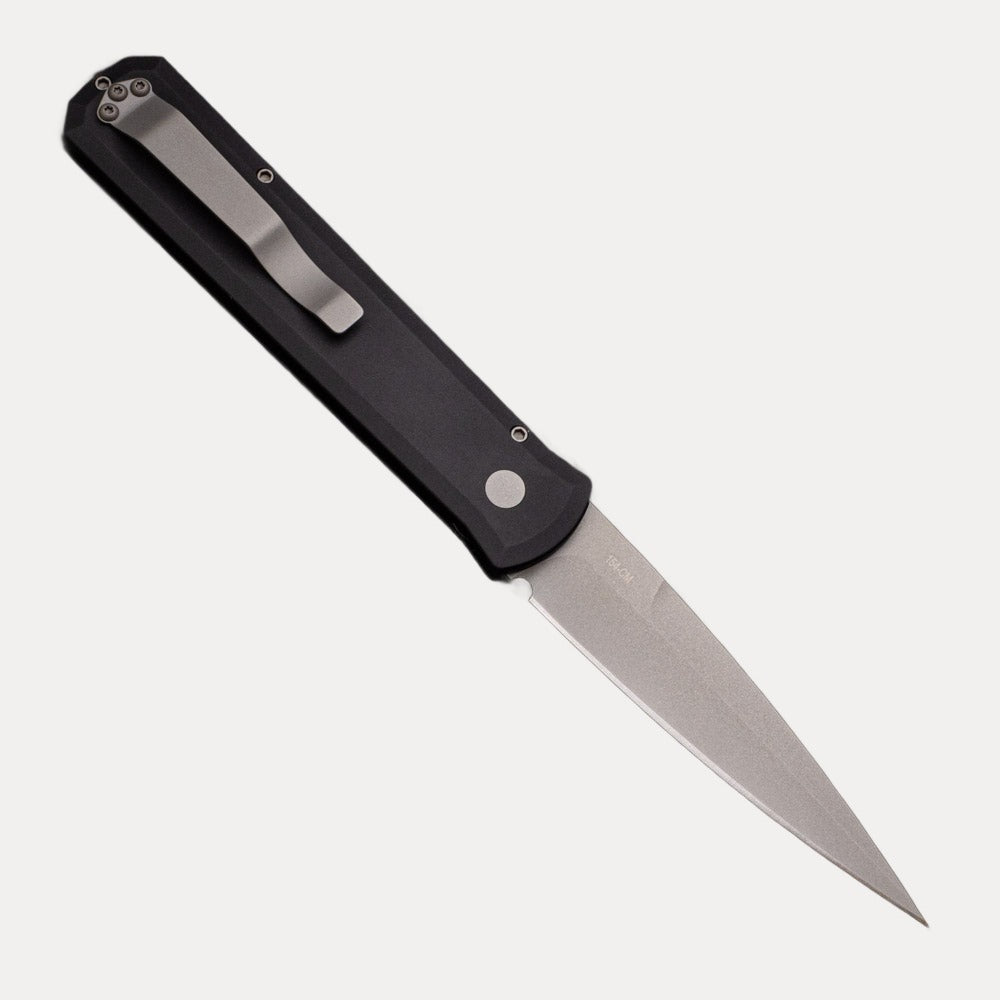 Pro-Tech Knives GODFATHER – Solid Black Handle – Blasted Blade Plain Edge 920