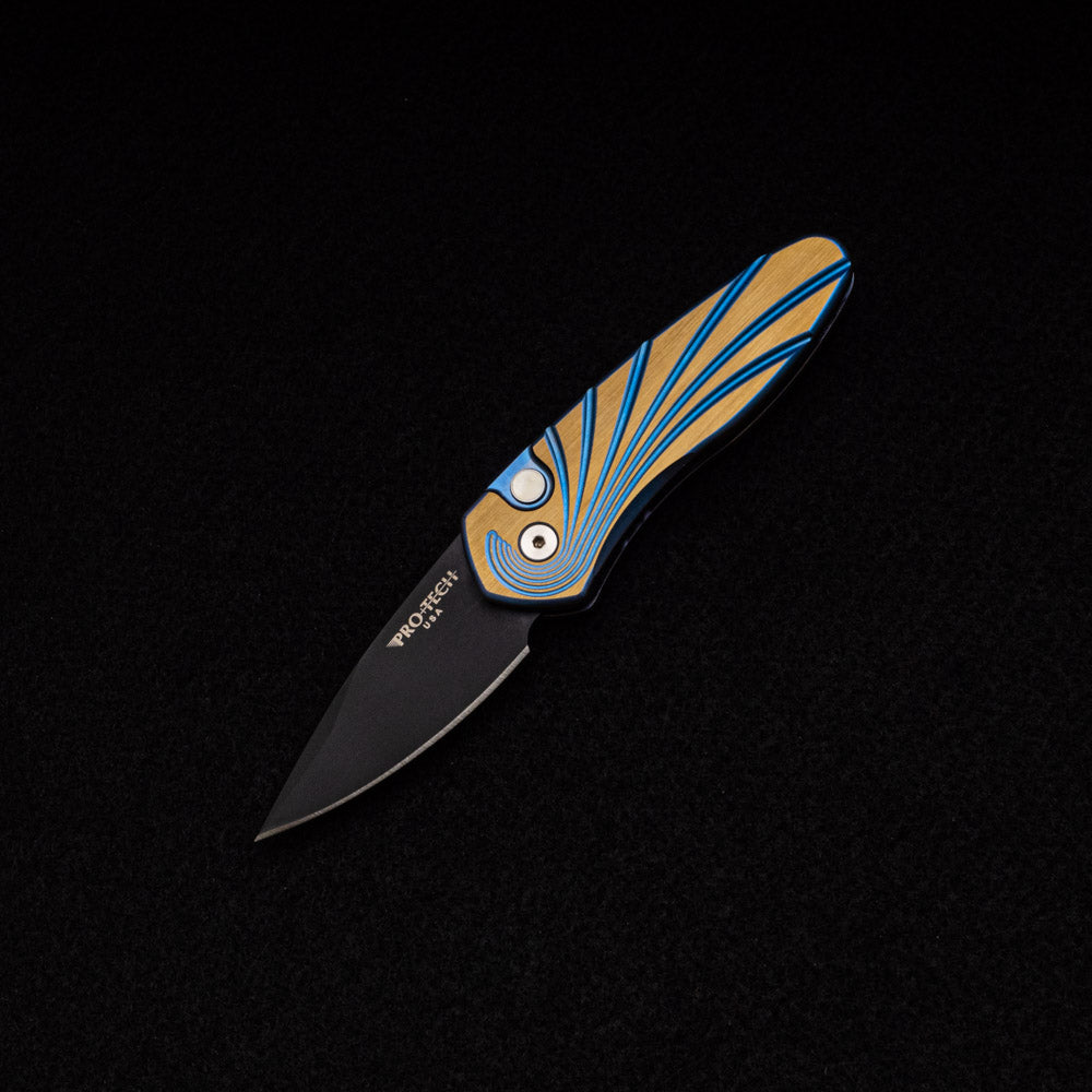 Pro-Tech Knives Sprint – Titanium Custom – 2-Tone finished 6Al4V Titanium with 3D Wave – Pearl Button – 3D Titanium Clip – DLC Blade