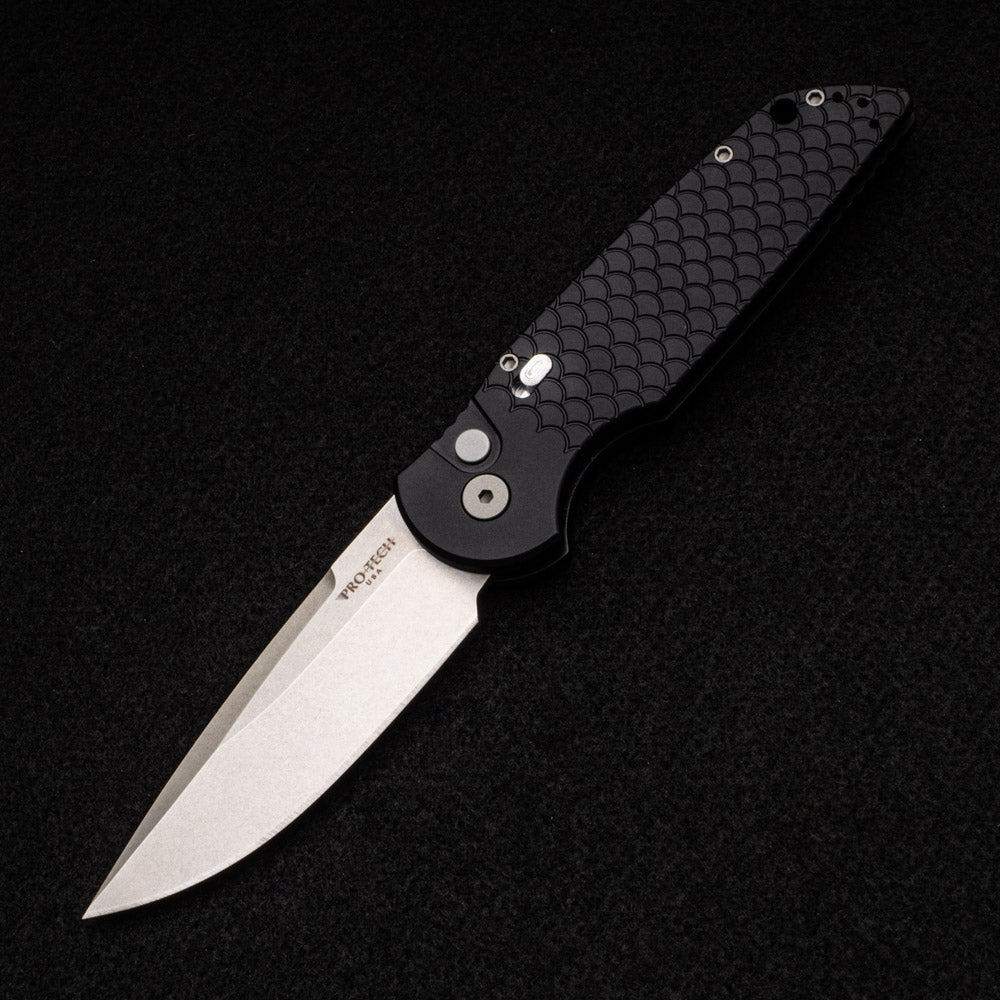 Pro-Tech Knives TR-3 MC1 – Tactical Response 3 Black Fish Scale Handle With One Piece Steel Safety – Stonewash CPM Magnacut Blade