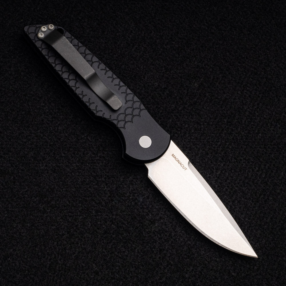 Pro-Tech Knives TR-3 MC1 – Tactical Response 3 Black Fish Scale Handle With One Piece Steel Safety – Stonewash CPM Magnacut Blade