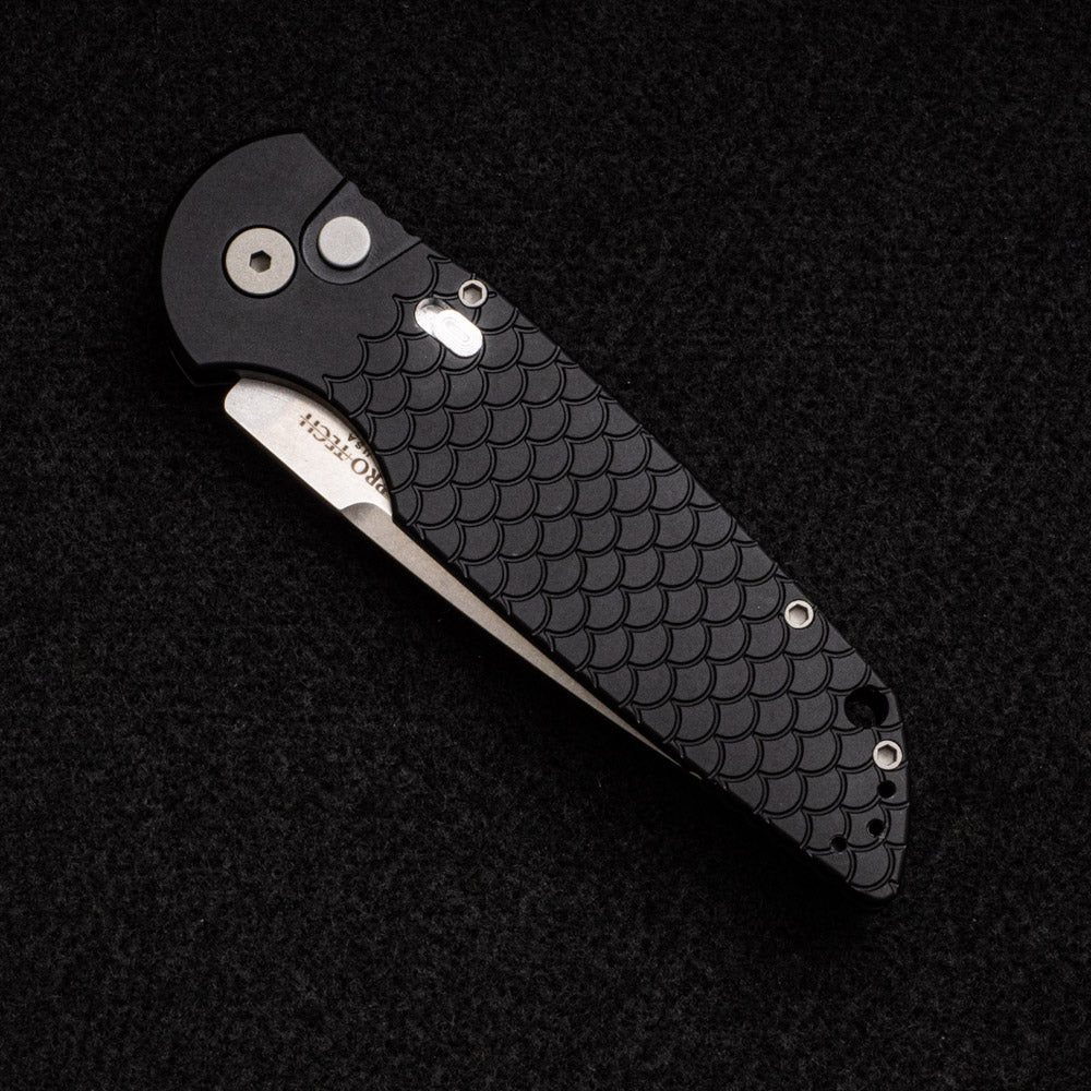 Pro-Tech Knives TR-3 MC1 – Tactical Response 3 Black Fish Scale Handle With One Piece Steel Safety – Stonewash CPM Magnacut Blade