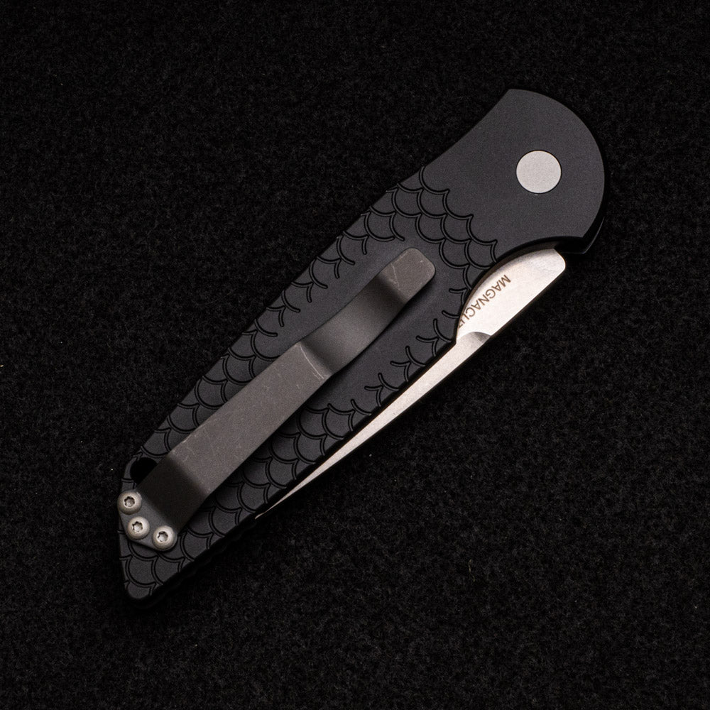 Pro-Tech Knives TR-3 MC1 – Tactical Response 3 Black Fish Scale Handle With One Piece Steel Safety – Stonewash CPM Magnacut Blade