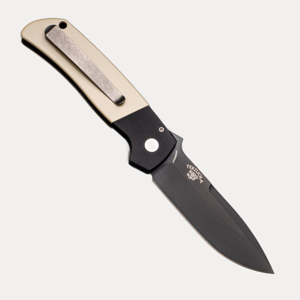 Pro-Tech Knives Terzuola ATCF Auto – “Tuxedo” Black Handle With Micarta – DLC Black Magnacut Blade – 3D Titanium Clip BT2752