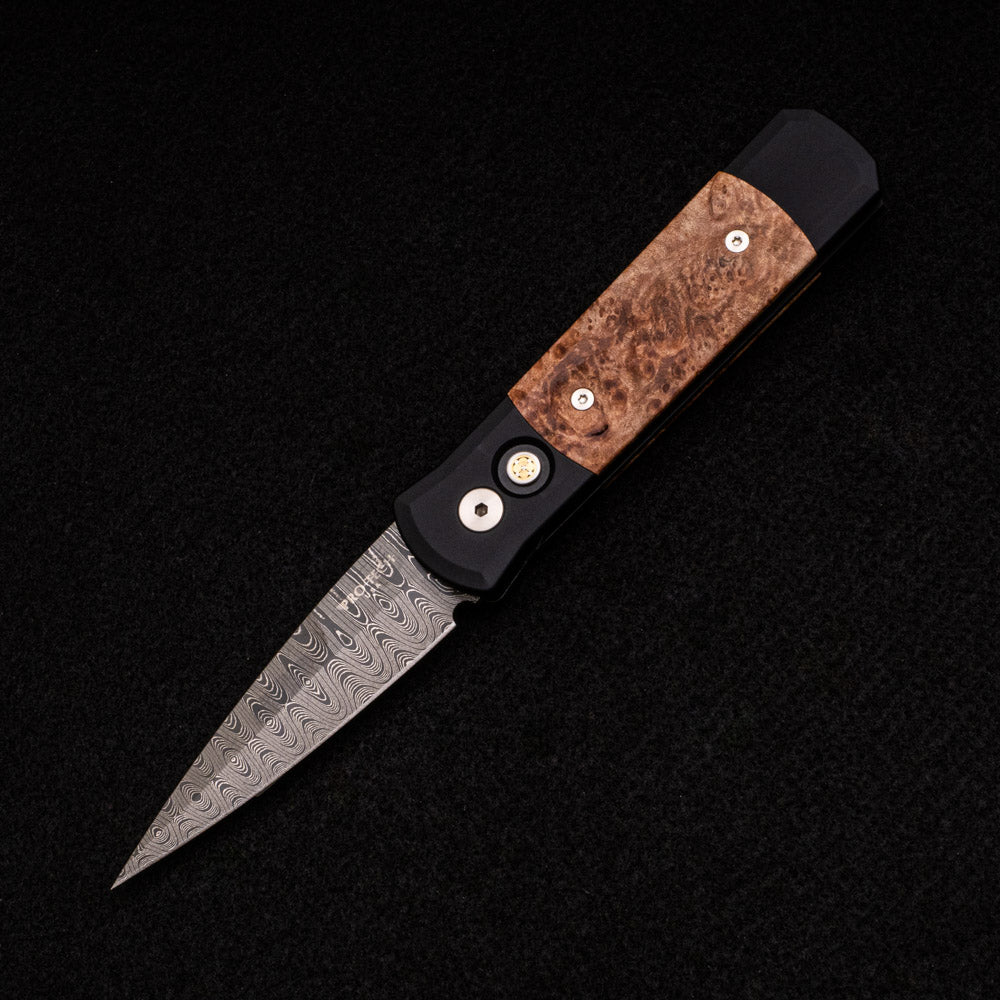 Pro-Tech Knives Godson – Black Handle W- Maple Burl Inlays – Mosaic Button – Nichols Ladder Blade