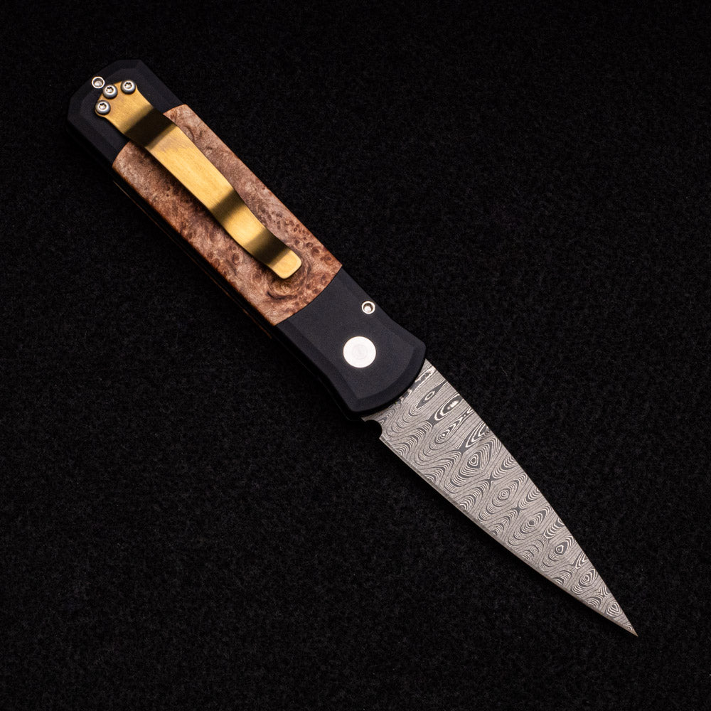 Pro-Tech Knives Godson – Black Handle W- Maple Burl Inlays – Mosaic Button – Nichols Ladder Blade