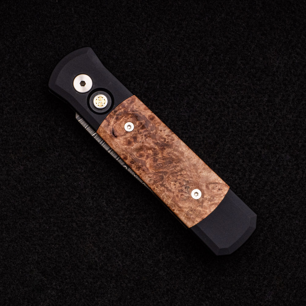 Pro-Tech Knives Godson – Black Handle W- Maple Burl Inlays – Mosaic Button – Nichols Ladder Blade