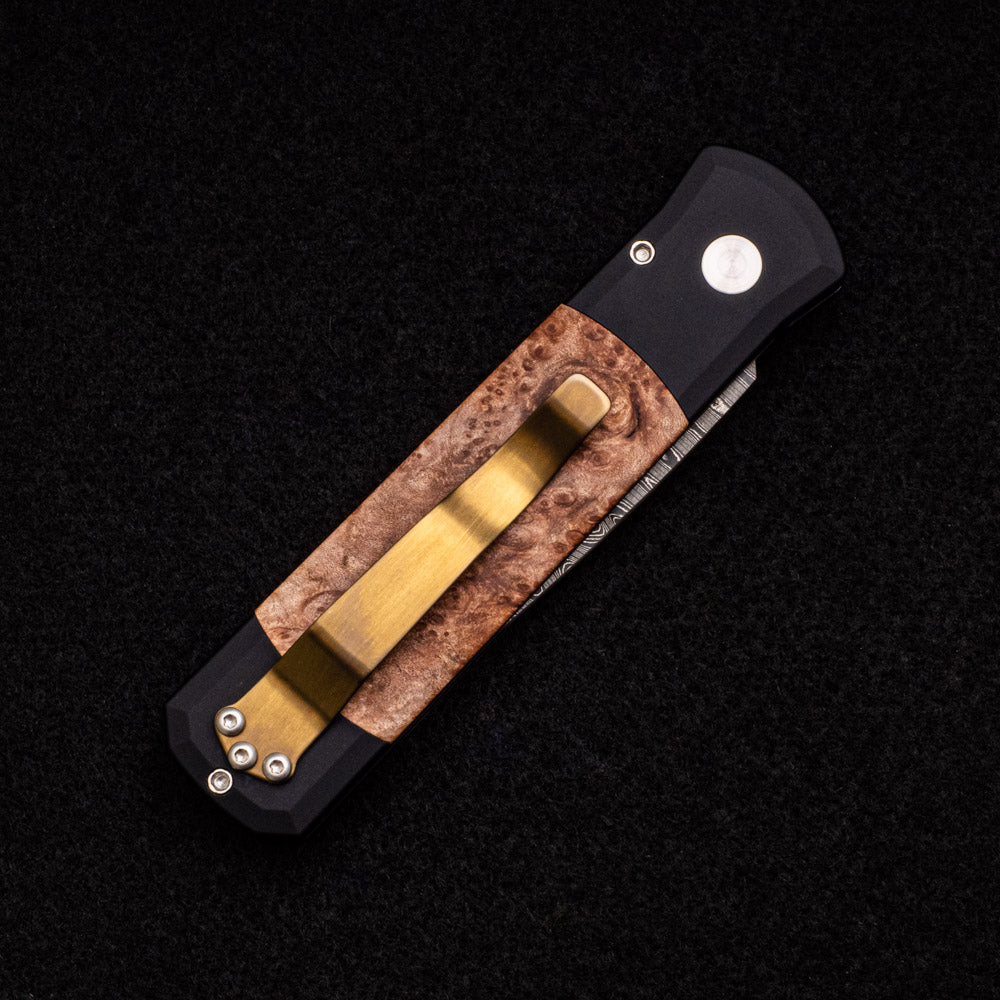 Pro-Tech Knives Godson – Black Handle W- Maple Burl Inlays – Mosaic Button – Nichols Ladder Blade