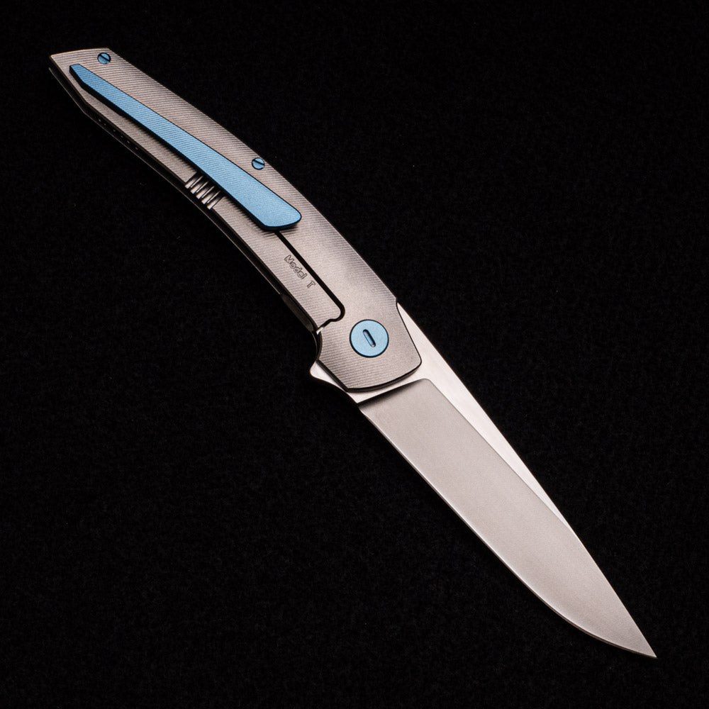 Hog House Knives Model T – M390 BLADE W- SATIN FLATS – TI W- LIGHT BLUE