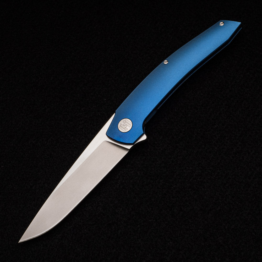 Hog House Knives Model T – M390 BLADE W- SATIN FLATS – BLUE TI W- SILVER