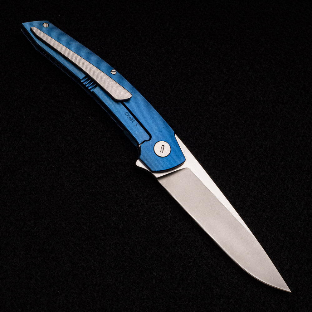 Hog House Knives Model T – M390 BLADE W- SATIN FLATS – BLUE TI W- SILVER