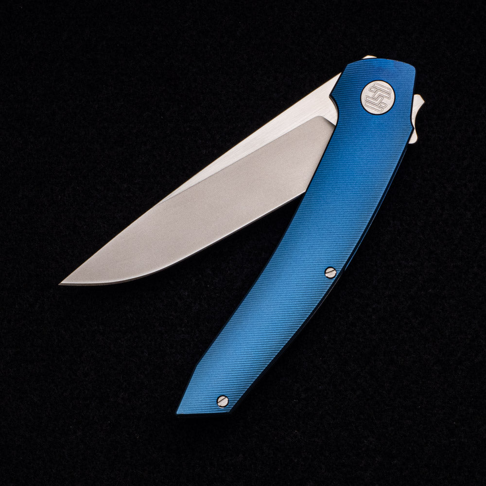 Hog House Knives Model T – M390 BLADE W- SATIN FLATS – BLUE TI W- SILVER