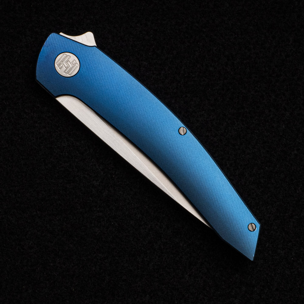 Hog House Knives Model T – M390 BLADE W- SATIN FLATS – BLUE TI W- SILVER