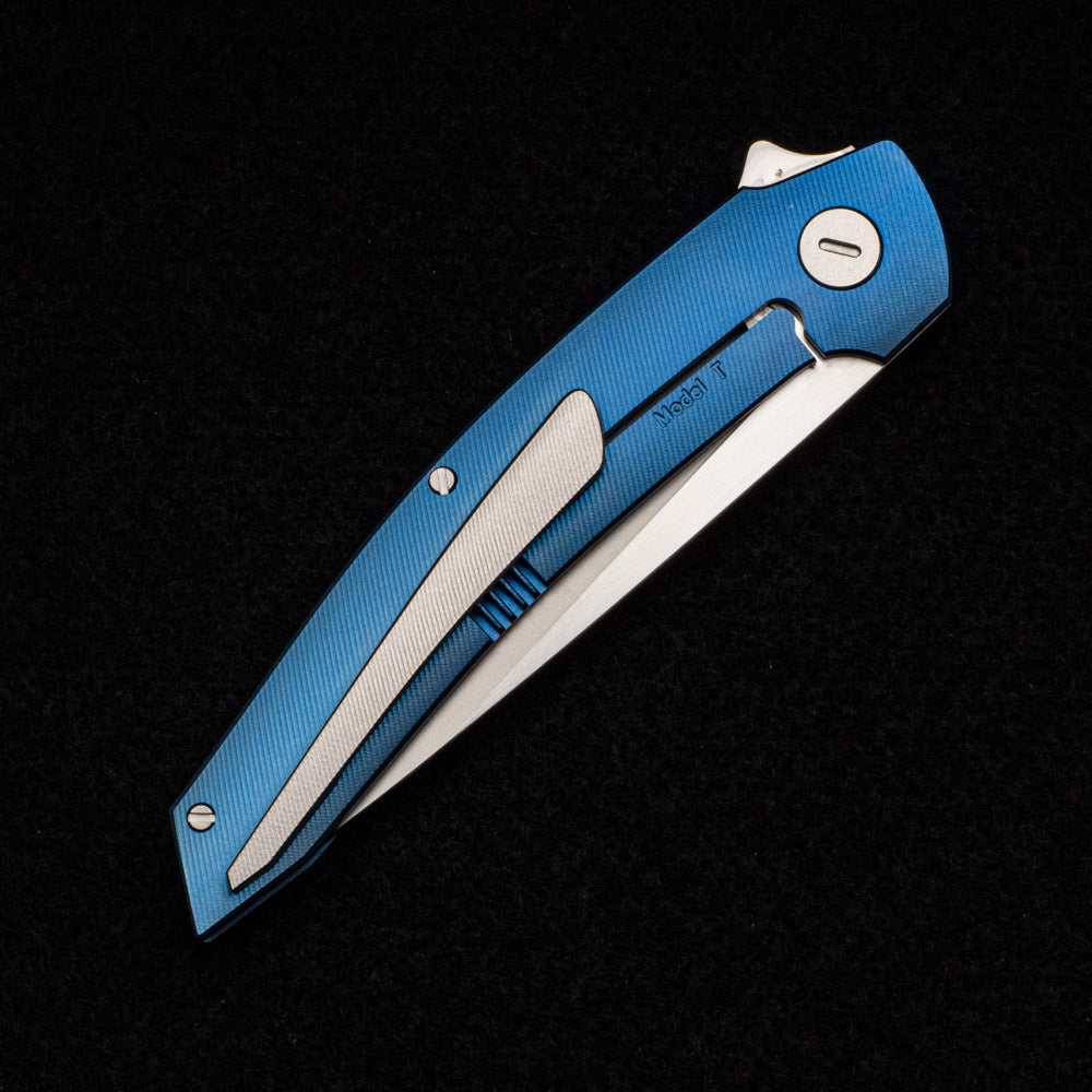 Hog House Knives Model T – M390 BLADE W- SATIN FLATS – BLUE TI W- SILVER