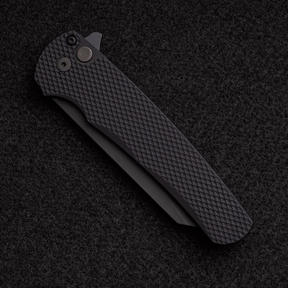 Pro-Tech Knives Malibu Flipper – Textured Black Aluminum Scales- Black DLC 20CV Reverse Tanto Blade