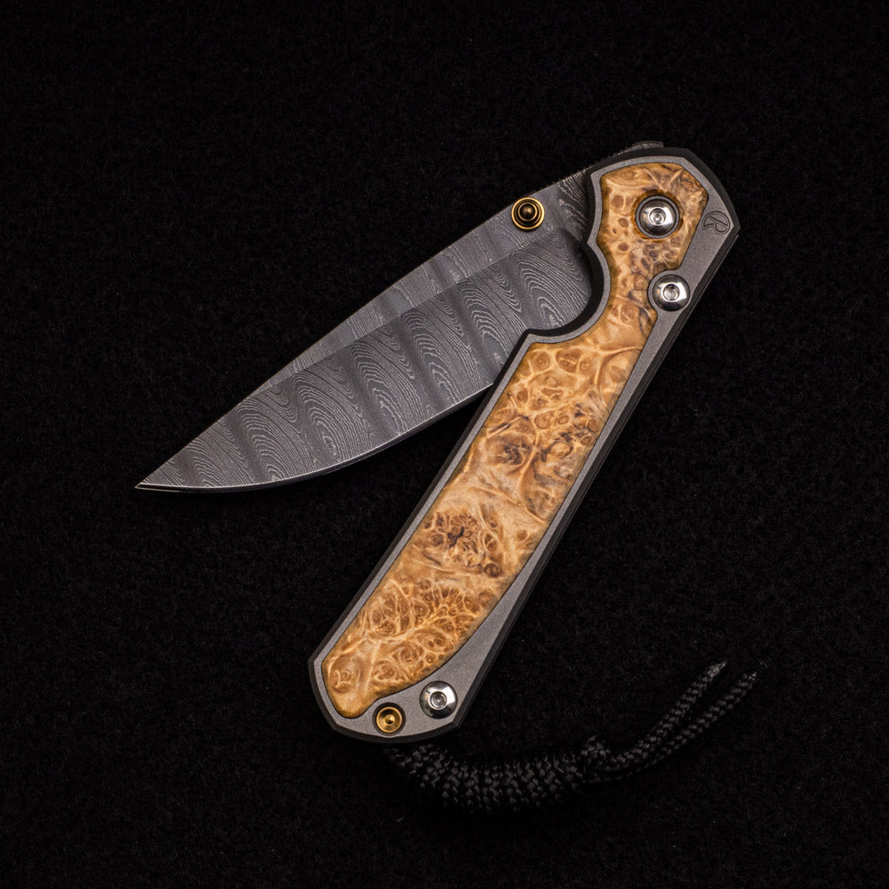 CHRIS REEVE SMALL SEBENZA 31 BOX ELDER INLAY – LADDER BLADE – GOLD DOUBLE THUMB LUGS