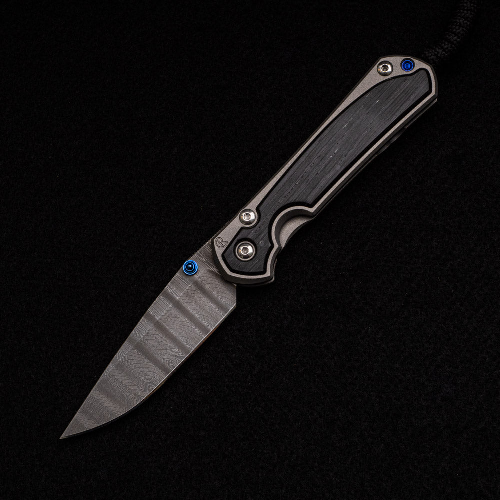 CHRIS REEVE SMALL SEBENZA 31 BOG OAK INLAY – LADDER BLADE – BLUE DOUBLE THUMB LUGS