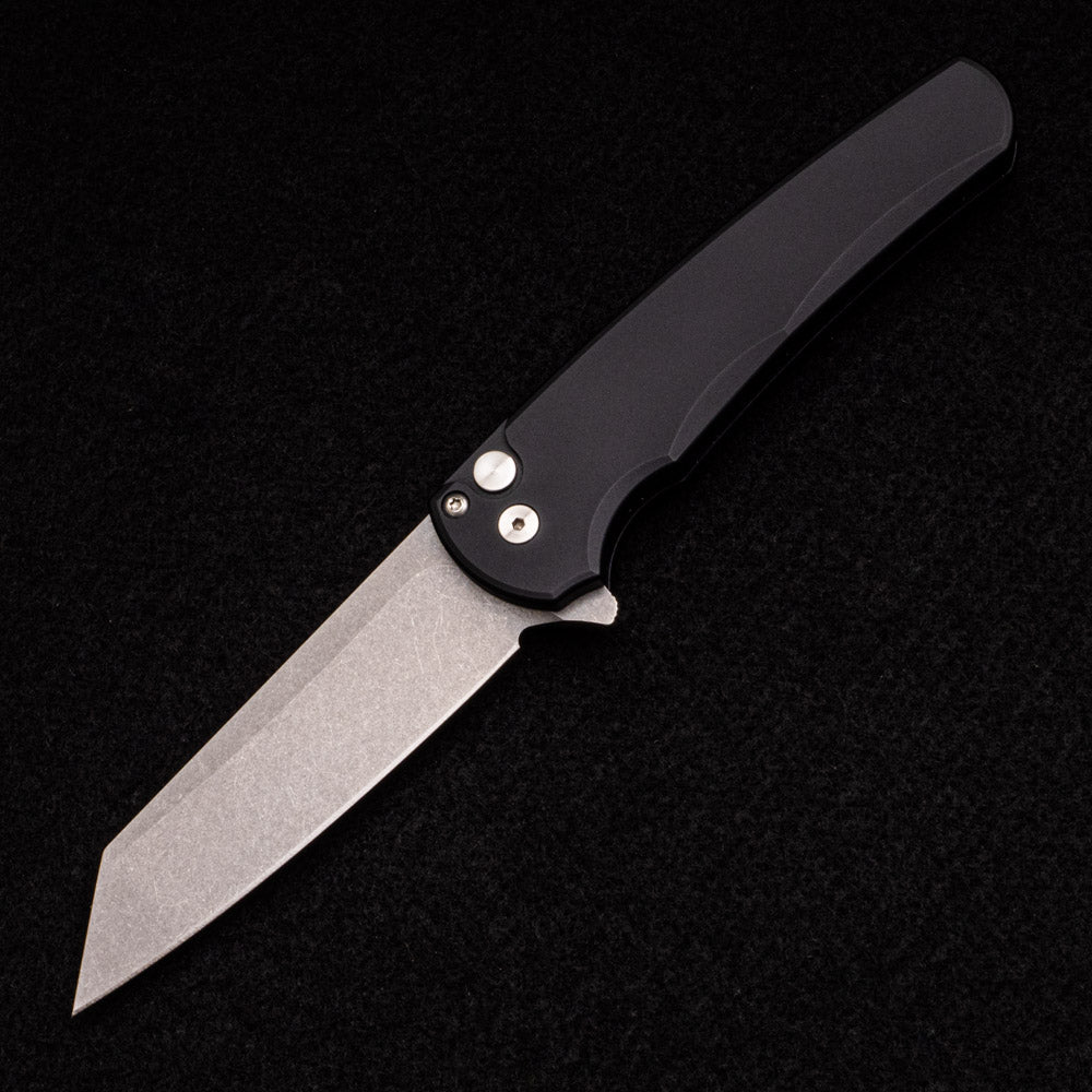 Pro-Tech Knives Malibu Flipper – Black Aluminum Handle – Stonewash 20CV Reverse Tanto Blade