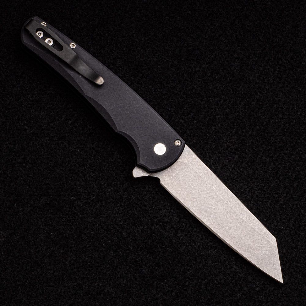 Pro-Tech Knives Malibu Flipper – Black Aluminum Handle – Stonewash 20CV Reverse Tanto Blade