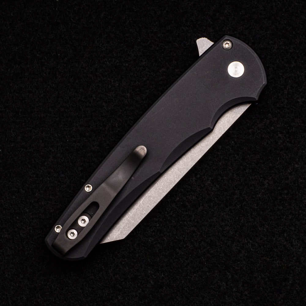 Pro-Tech Knives Malibu Flipper – Black Aluminum Handle – Stonewash 20CV Reverse Tanto Blade