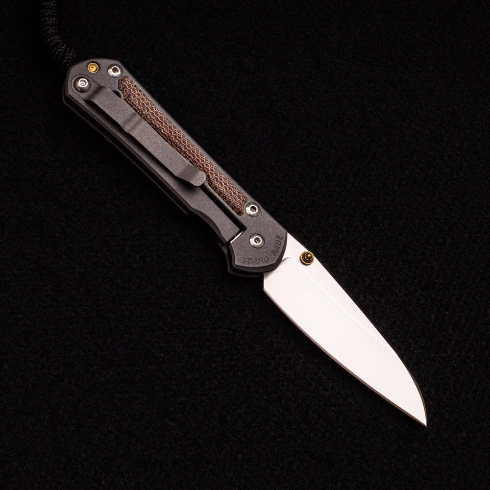 CHRIS REEVE SMALL SEBENZA 31 NATURAL CANVAS MICARTA INLAY – CPM MAGNACUT INSINGO BLADE – GOLD DOUBLE THUMB LUGS