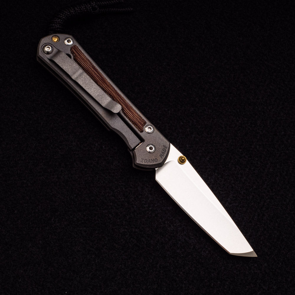 CHRIS REEVE SMALL SEBENZA 31 NATURAL CANVAS MICARTA INLAY – CPM MAGNACUT TANTO BLADE – GOLD DOUBLE THUMB LUGS