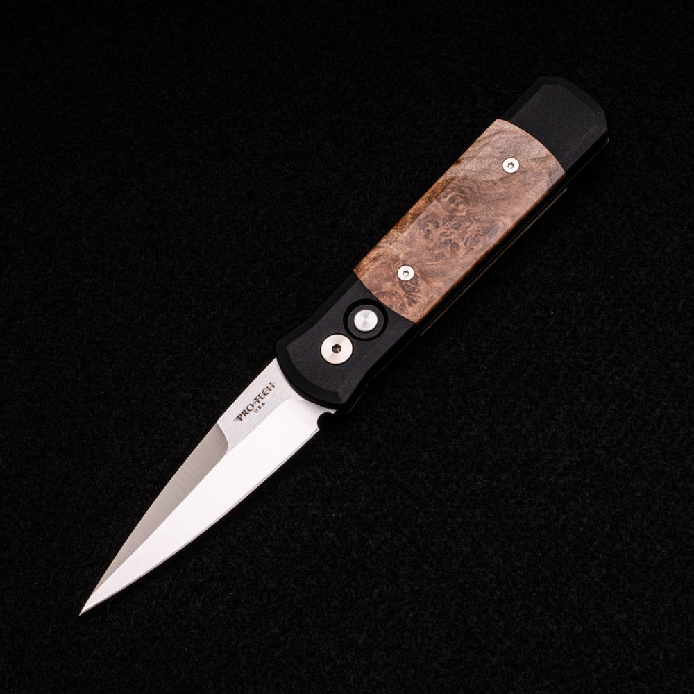 Pro-Tech Knives Godson – Black Handle - Maple Burl – Satin 154CM Blade 706