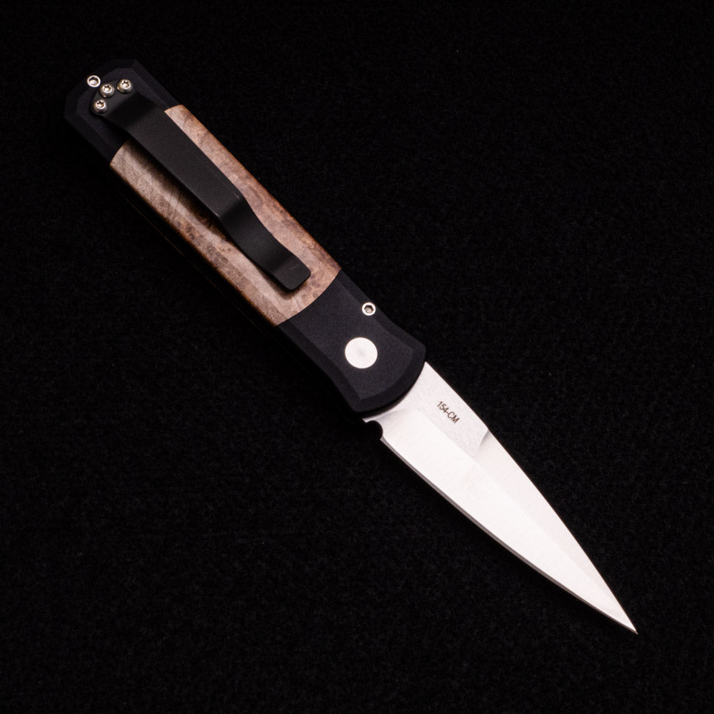 Pro-Tech Knives Godson – Black Handle - Maple Burl – Satin 154CM Blade 706