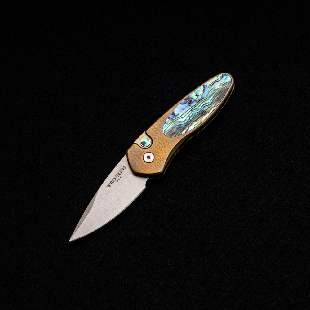 Pro-Tech Knives Sprint – 2022-SPRINT-001 Custom – Bronze Ti Handle W- Abalone Inlay – Abalone Button – Stonewash S35VN Blade