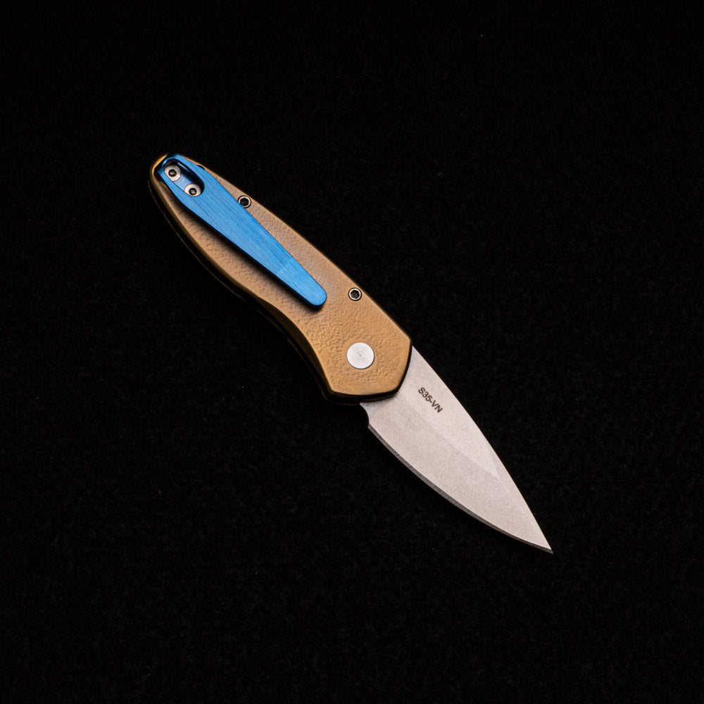 Pro-Tech Knives Sprint – 2022-SPRINT-001 Custom – Bronze Ti Handle W- Abalone Inlay – Abalone Button – Stonewash S35VN Blade