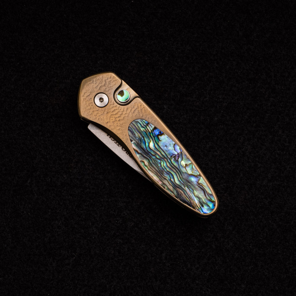 Pro-Tech Knives Sprint – 2022-SPRINT-001 Custom – Bronze Ti Handle W- Abalone Inlay – Abalone Button – Stonewash S35VN Blade