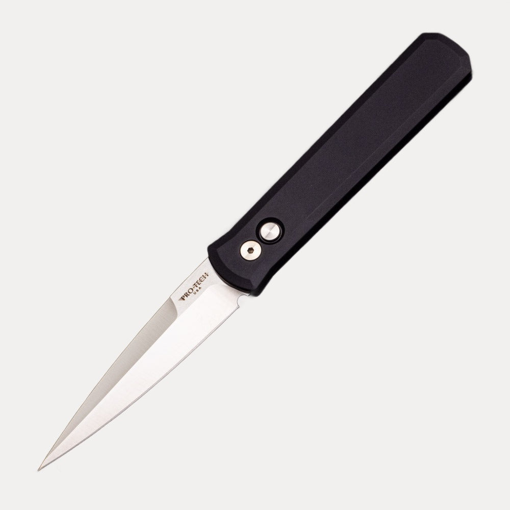 Pro-Tech Knives GODFATHER – Solid Black Handle – Satin 154CM Plain Edge Blade 921-Satin
