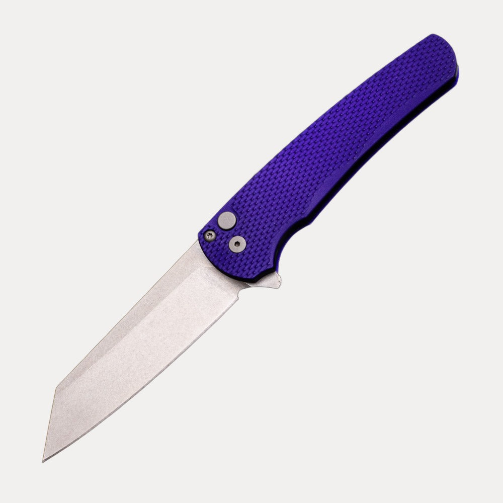 Pro-Tech Knives Malibu Flipper – Textured Purple Aluminum Scales- 20CV Stonewashed Reverse Tanto Blade 5205-PURP