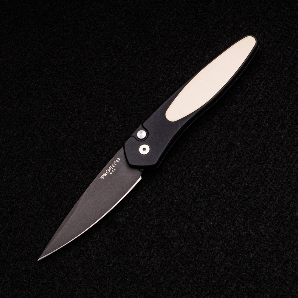 Pro-Tech Knives Newport – Tuxedo – Black Aluminum Handle – Ivory Micarta Inlay – Black DLC S35VN Blade 3452